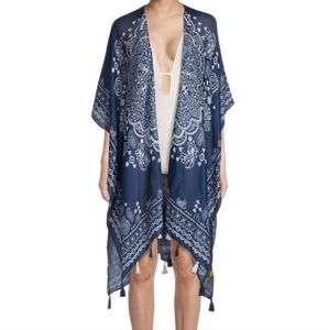 Badgley Mischka Navy Tassel Paisley Beach Cover Up One Size